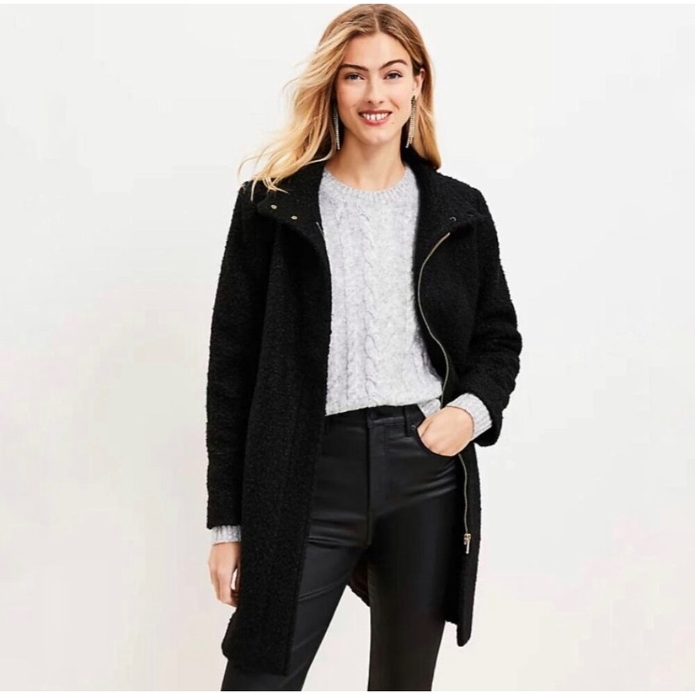 LOFT Petite Black Curly Textured Stand Collar Zip Front Coat Small Petite